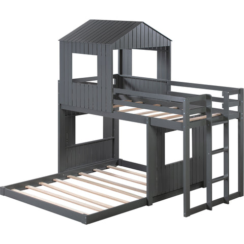 Image of Lucky Furniture Twin Over Full Bunk Bed, Loft Bed with Playhouse