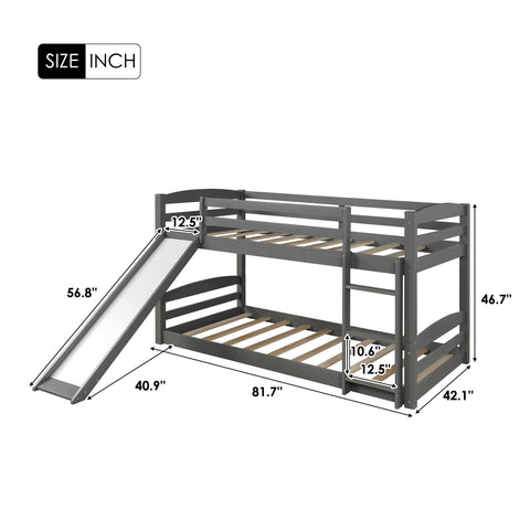 Image of Twin over Twin Low Bunk Bed with Slide and Ladder in Grey