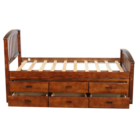 Image of Oris Fur. Twin Size Platform Storage Bed Solid Wood Bed with 6 Drawers in Walnut