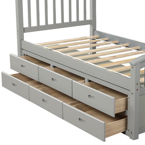 Image of Oris Fur. Twin Size Platform Storage Bed Solid Wood Bed with 6 Drawers in Grey