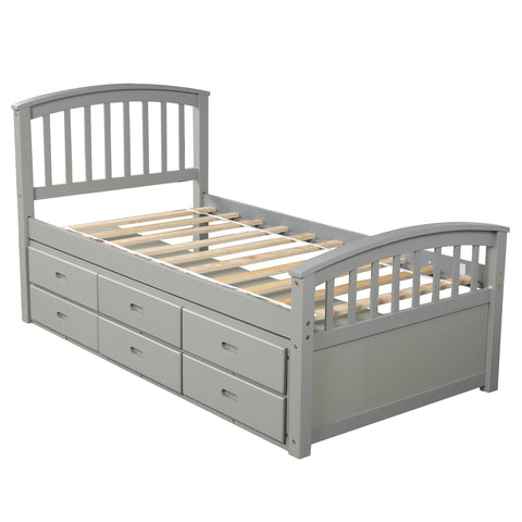 Image of Oris Fur. Twin Size Platform Storage Bed Solid Wood Bed with 6 Drawers in Grey