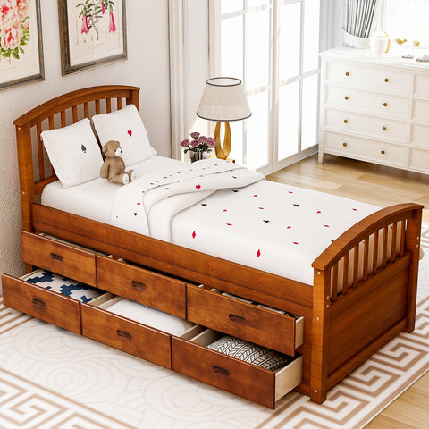Image of Oris Fur. Twin Size Platform Storage Bed Solid Wood Bed with 6 Drawers in Walnut