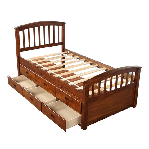 Image of Oris Fur. Twin Size Platform Storage Bed Solid Wood Bed with 6 Drawers in Walnut