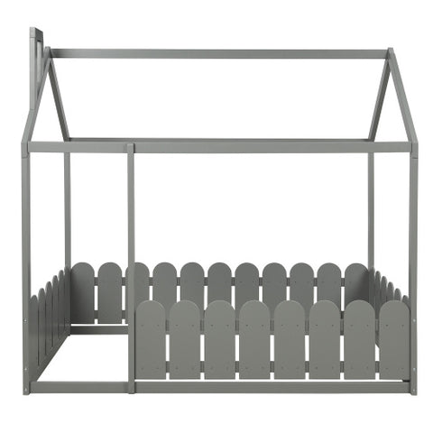 Image of Lucky Furniture Twin Size Wood House Bed with Fence For Kids, Teens