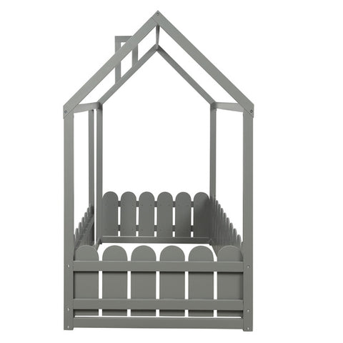 Image of Lucky Furniture Twin Size Wood House Bed with Fence For Kids, Teens