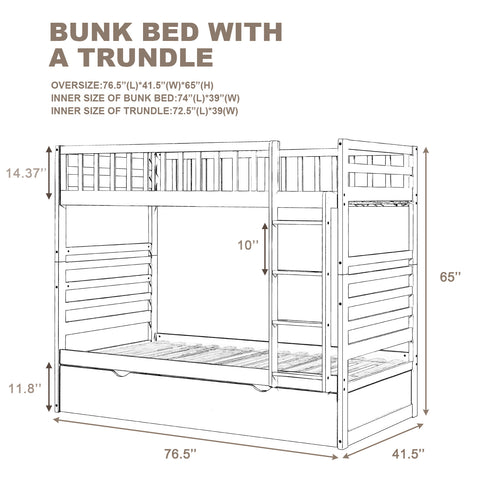 Image of Oris Fur. Twin Bunk Beds for Kids with Safety Rail and Movable Trundle bed