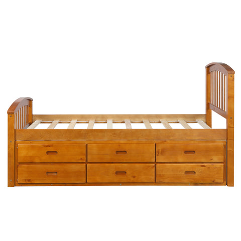 Image of Oris Fur. Twin Size Platform Storage Bed Solid Wood Bed with 6 Drawers in Oak