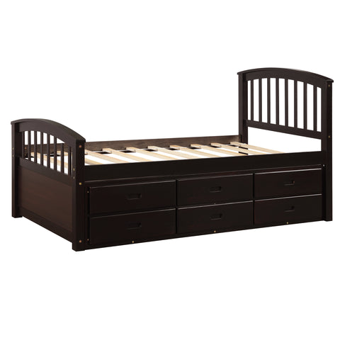 Image of Oris Fur. Twin Size Platform Storage Bed Solid Wood Bed with 6 Drawers in Espresso