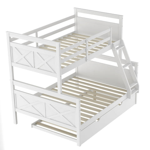 Image of Twin Over Full Bunk Bed with Ladder, Safety Guardrail, Twin Size Trundle, White