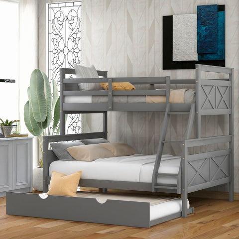 Image of Twin Over Full Bunk Bed with Ladder, Safety Guardrail, Twin Size Trundle, White