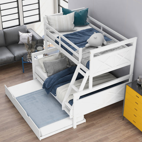 Image of Twin Over Full Bunk Bed with Ladder, Safety Guardrail, Twin Size Trundle, White