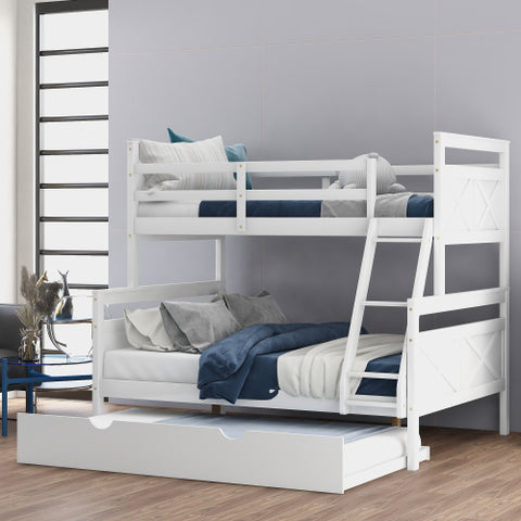 Image of Twin Over Full Bunk Bed with Ladder, Safety Guardrail, Twin Size Trundle, White
