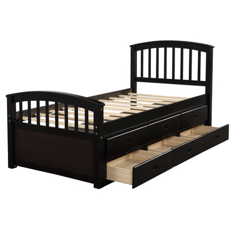 Image of Oris Fur. Twin Size Platform Storage Bed Solid Wood Bed with 6 Drawers in Espresso