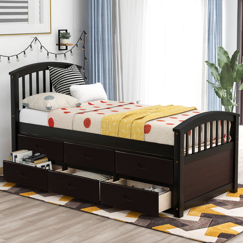 Image of Oris Fur. Twin Size Platform Storage Bed Solid Wood Bed with 6 Drawers in Espresso