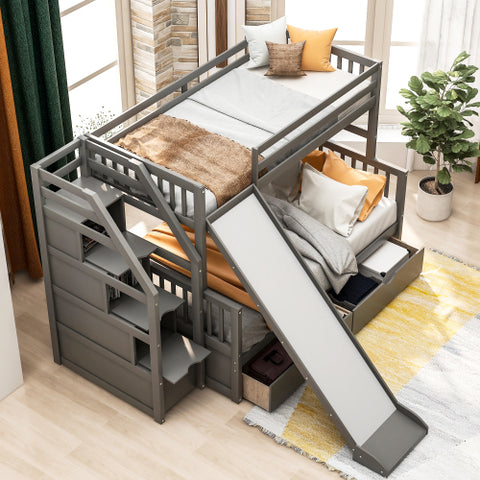 Image of Twin over Full Bunk Bed with Drawers,Storage and Slide in Gray