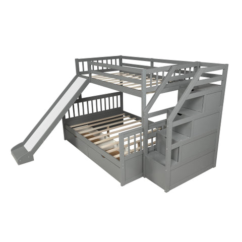 Image of Twin over Full Bunk Bed with Drawers,Storage and Slide in Gray