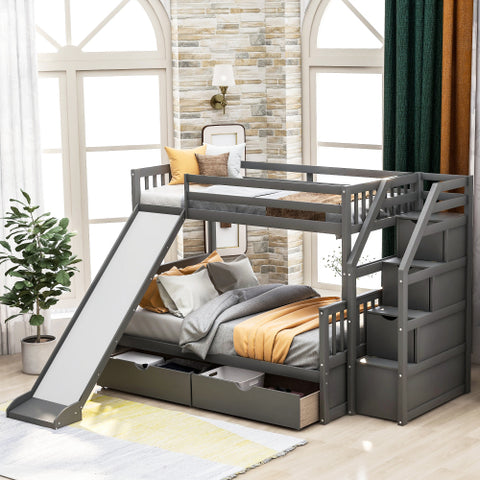 Image of Twin over Full Bunk Bed with Drawers,Storage and Slide in Gray