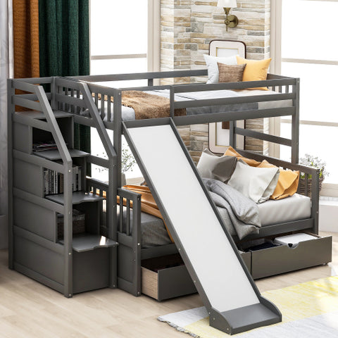 Image of Twin over Full Bunk Bed with Drawers,Storage and Slide in Gray