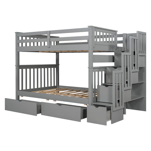 Image of Lucky Furniture Full Over Full Bunk Bed with Shelves and 6 Storage Drawers, Gray