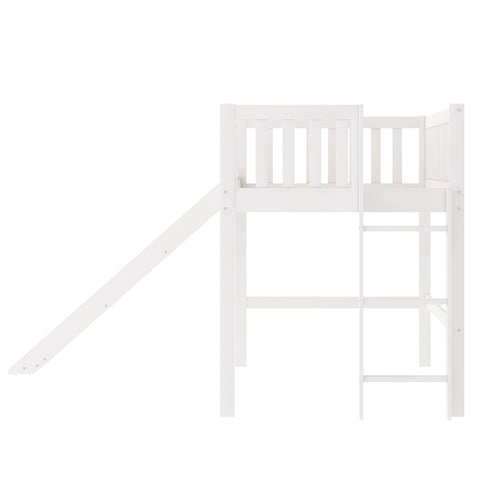 Image of Twin Size Low Loft Bed with Ladder and Slide in White