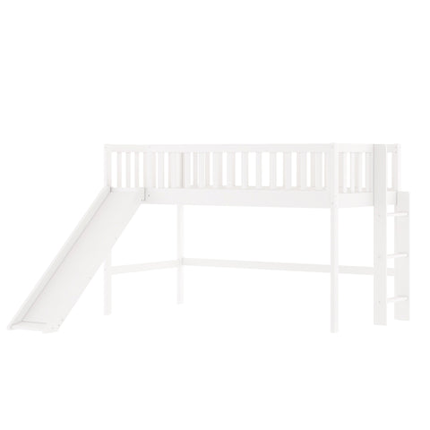 Image of Twin Size Low Loft Bed with Ladder and Slide in White