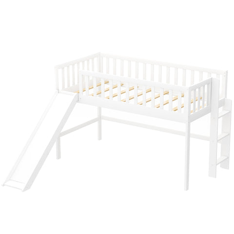 Image of Twin Size Low Loft Bed with Ladder and Slide in White