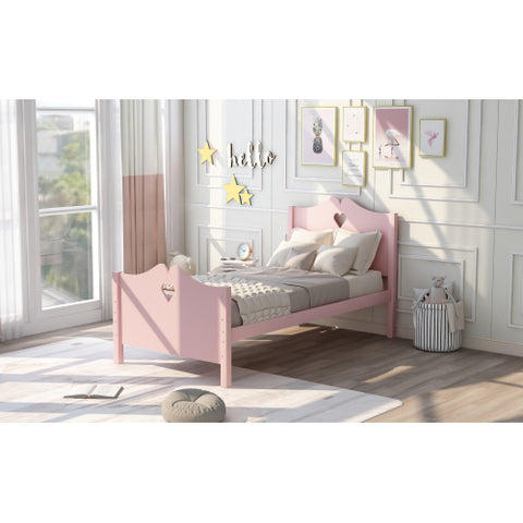 Image of Lucky Furniture Pink Twin Size Wood Platform Bed with Headboard,Footboard and Wood Slat Support