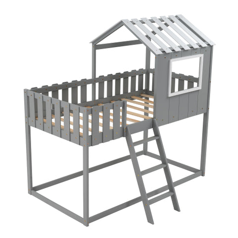 Image of Bunk House Bed with Rustic Fence-Shaped Guardrail, Gray