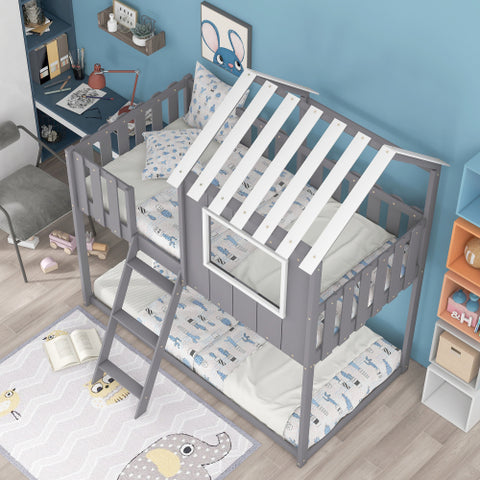 Image of Bunk House Bed with Rustic Fence-Shaped Guardrail, Gray