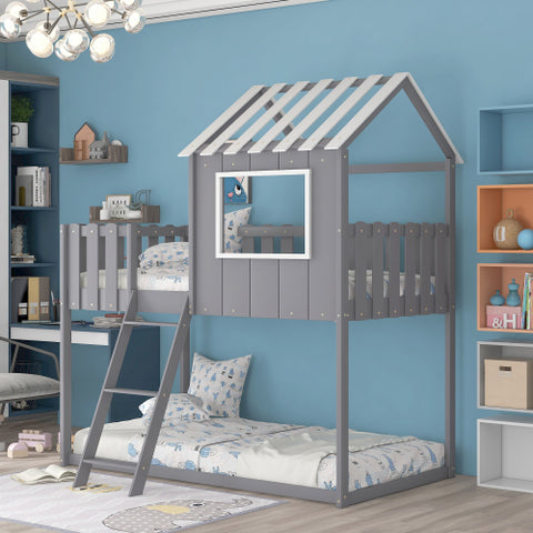 Image of Bunk House Bed with Rustic Fence-Shaped Guardrail, Gray