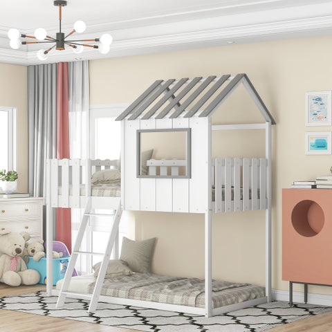 Image of Bunk House Bed with Rustic Fence-Shaped Guardrail, Gray