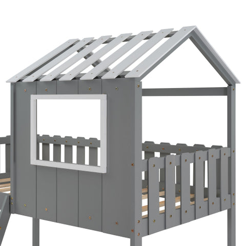 Image of Bunk House Bed with Rustic Fence-Shaped Guardrail, Gray