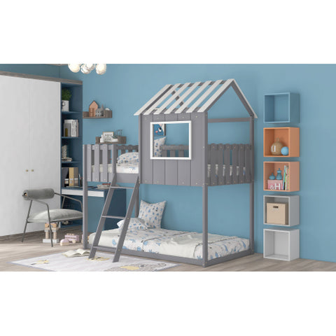 Image of Bunk House Bed with Rustic Fence-Shaped Guardrail, Gray