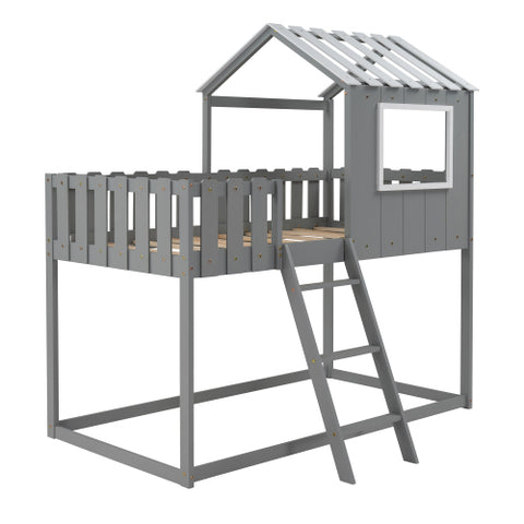 Image of Bunk House Bed with Rustic Fence-Shaped Guardrail, Gray
