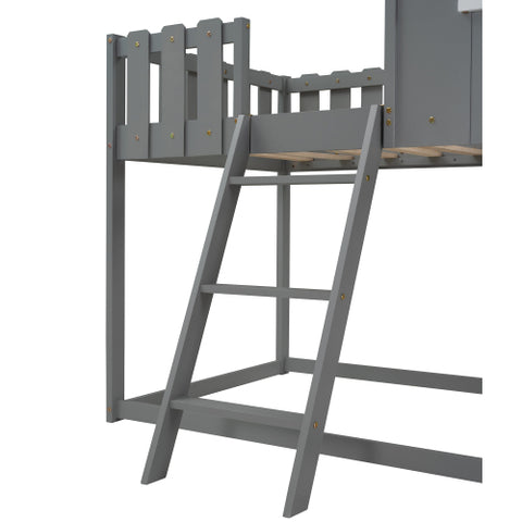 Image of Bunk House Bed with Rustic Fence-Shaped Guardrail, Gray