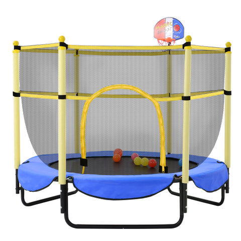 Image of Blue Todller Indoor and Outdoor 5FT Trampoline with Basketball Hoop