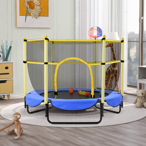 Image of Blue Todller Indoor and Outdoor 5FT Trampoline with Basketball Hoop