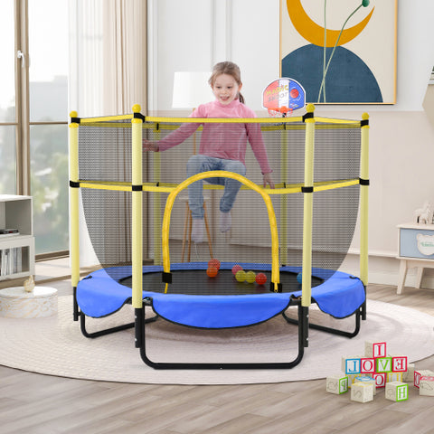 Image of Blue Todller Indoor and Outdoor 5FT Trampoline with Basketball Hoop