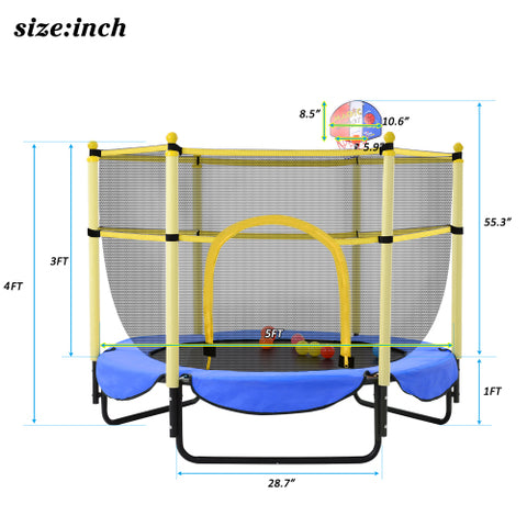 Image of Blue Todller Indoor and Outdoor 5FT Trampoline with Basketball Hoop