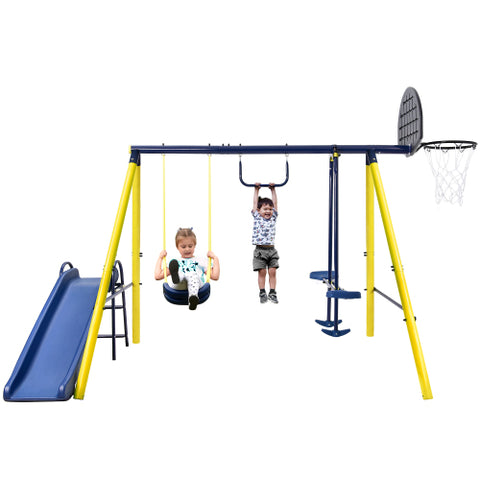 Image of MRS 5 in 1 Outdoor Swing and Slide PlaySet with Seesaw Swing, Basketball Hoop