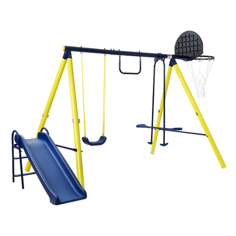Image of MRS 5 in 1 Outdoor Swing and Slide PlaySet with Seesaw Swing, Basketball Hoop