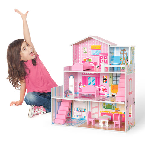Image of Kaba Kids Wooden Dollhouse with Furniture, Doll House Playset for Kids