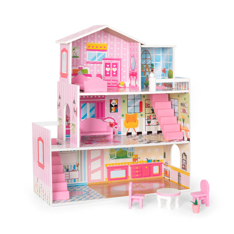 Image of Kaba Kids Wooden Dollhouse with Furniture, Doll House Playset for Kids