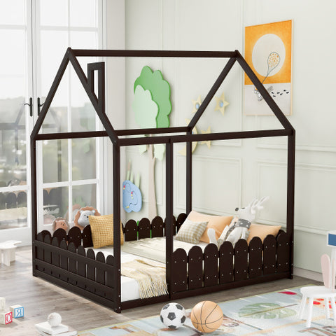 Image of Lucky Furniture Twin Size Wood House Bed with Fence For Kids, Teens