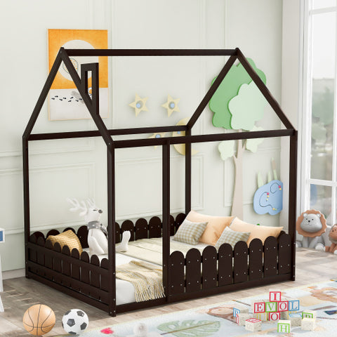 Image of Lucky Furniture Twin Size Wood House Bed with Fence For Kids, Teens