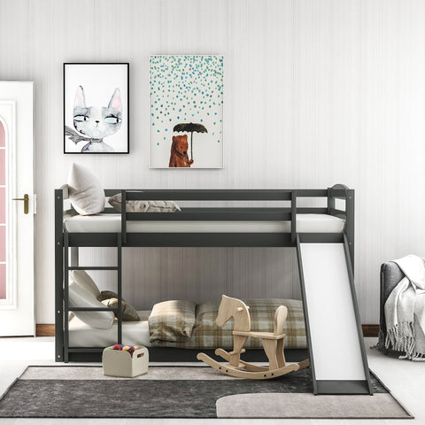 Image of Twin over Twin Low Bunk Bed with Slide and Ladder in Grey