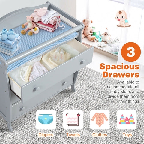 Image of 3-Drawer Dresser Changing Table with Safety Belt Guardrails in Gray