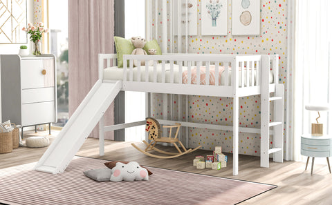 Image of Twin Size Low Loft Bed with Ladder and Slide in White