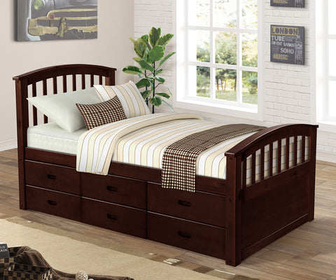 Image of Oris Fur. Twin Size Platform Storage Bed Solid Wood Bed with 6 Drawers in Espresso
