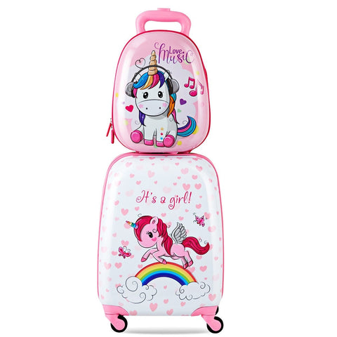 Image of Costway Kids Backpack Suitcase with Wheels Carry On in  Pink